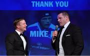 29 April 2017; Leinster's Mike Ross, right, with MC Darragh Maloney at the Leinster Rugby Awards Ball. The Awards, MC’d by Darragh Maloney, were a celebration of the 2016/17 Leinster Rugby season to date and over the course of the evening Leinster Rugby acknowledged the contributions of retirees Mike Ross, Eóin Reddan and Luke Fitzgerald as well as presenting Leinster Rugby caps to departees Bill Dardis, Hayden Triggs, Mike McCarthy, Zane Kirchner and Dominic Ryan. Former Leinster Rugby team doctor Professor Arthur Tanner was posthumously inducted into the Guinness Hall of Fame. Some of the Award winners on the night included; Gonzaga College (Deep River Rock School of the Year), David Hicks, De La Salle Palmerston (Beauchamps Contribution to Leinster Rugby Award), Clontarf FC (CityJet Senior Club of the Year), Coláiste Chill Mhantáin (Irish Independent Development School of the Year Award), Athy RFC (Bank of Ireland Junior Club of the Year). Professional award winners on the night included Laya Healthcare Young Player of the Year - Joey Carbery, Life Style Sports Supporters Player of the Year - Isa Nacewa, Canterbury Tackle of the Year – Isa Nacewa, Irish Independnet Try of the Year – Adam Byrne and Bank of Ireland Players’ Player of the Year – Luke McGrath. Clayton Hotel, Burlington Road, Dublin 4. Photo by Stephen McCarthy/Sportsfile