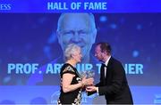 29 April 2017; Ann Tanner is presented with the 2017 Guinness Hall of Fame Award, posthumously awarded to her late husband Prof. Arthur Tanner, by Rory Sheridan, Head of Sponsorship, Diageo Western Europe at the Leinster Rugby Awards Ball. The Awards, MC’d by Darragh Maloney, were a celebration of the 2016/17 Leinster Rugby season to date and over the course of the evening Leinster Rugby acknowledged the contributions of retirees Mike Ross, Eóin Reddan and Luke Fitzgerald as well as presenting Leinster Rugby caps to departees Bill Dardis, Hayden Triggs, Mike McCarthy, Zane Kirchner and Dominic Ryan. Former Leinster Rugby team doctor Professor Arthur Tanner was posthumously inducted into the Guinness Hall of Fame. Some of the Award winners on the night included; Gonzaga College (Deep River Rock School of the Year), David Hicks, De La Salle Palmerston (Beauchamps Contribution to Leinster Rugby Award), Clontarf FC (CityJet Senior Club of the Year), Coláiste Chill Mhantáin (Irish Independent Development School of the Year Award), Athy RFC (Bank of Ireland Junior Club of the Year). Professional award winners on the night included Laya Healthcare Young Player of the Year - Joey Carbery, Life Style Sports Supporters Player of the Year - Isa Nacewa, Canterbury Tackle of the Year – Isa Nacewa, Irish Independnet Try of the Year – Adam Byrne and Bank of Ireland Players’ Player of the Year – Luke McGrath. Clayton Hotel, Burlington Road, Dublin 4. Photo by Stephen McCarthy/Sportsfile