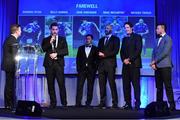 29 April 2017; Leinster's, from left, Dominic Ryan, Billy Dardis, Hayden Triggs, Mike McCarthy and Zane Kirchner with MC Darragh Maloney, far left, at the Leinster Rugby Awards Ball. The Awards, MC’d by Darragh Maloney, were a celebration of the 2016/17 Leinster Rugby season to date and over the course of the evening Leinster Rugby acknowledged the contributions of retirees Mike Ross, Eóin Reddan and Luke Fitzgerald as well as presenting Leinster Rugby caps to departees Bill Dardis, Hayden Triggs, Mike McCarthy, Zane Kirchner and Dominic Ryan. Former Leinster Rugby team doctor Professor Arthur Tanner was posthumously inducted into the Guinness Hall of Fame. Some of the Award winners on the night included; Gonzaga College (Deep River Rock School of the Year), David Hicks, De La Salle Palmerston (Beauchamps Contribution to Leinster Rugby Award), Clontarf FC (CityJet Senior Club of the Year), Coláiste Chill Mhantáin (Irish Independent Development School of the Year Award), Athy RFC (Bank of Ireland Junior Club of the Year). Professional award winners on the night included Laya Healthcare Young Player of the Year - Joey Carbery, Life Style Sports Supporters Player of the Year - Isa Nacewa, Canterbury Tackle of the Year – Isa Nacewa, Irish Independnet Try of the Year – Adam Byrne and Bank of Ireland Players’ Player of the Year – Luke McGrath. Clayton Hotel, Burlington Road, Dublin 4. Photo by Stephen McCarthy/Sportsfile