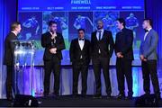 29 April 2017; Leinster's, from left, Dominic Ryan, Billy Dardis, Hayden Triggs, Mike McCarthy and Zane Kirchner with MC Darragh Maloney, far left, at the Leinster Rugby Awards Ball. The Awards, MC’d by Darragh Maloney, were a celebration of the 2016/17 Leinster Rugby season to date and over the course of the evening Leinster Rugby acknowledged the contributions of retirees Mike Ross, Eóin Reddan and Luke Fitzgerald as well as presenting Leinster Rugby caps to departees Bill Dardis, Hayden Triggs, Mike McCarthy, Zane Kirchner and Dominic Ryan. Former Leinster Rugby team doctor Professor Arthur Tanner was posthumously inducted into the Guinness Hall of Fame. Some of the Award winners on the night included; Gonzaga College (Deep River Rock School of the Year), David Hicks, De La Salle Palmerston (Beauchamps Contribution to Leinster Rugby Award), Clontarf FC (CityJet Senior Club of the Year), Coláiste Chill Mhantáin (Irish Independent Development School of the Year Award), Athy RFC (Bank of Ireland Junior Club of the Year). Professional award winners on the night included Laya Healthcare Young Player of the Year - Joey Carbery, Life Style Sports Supporters Player of the Year - Isa Nacewa, Canterbury Tackle of the Year – Isa Nacewa, Irish Independnet Try of the Year – Adam Byrne and Bank of Ireland Players’ Player of the Year – Luke McGrath. Clayton Hotel, Burlington Road, Dublin 4. Photo by Stephen McCarthy/Sportsfile