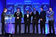 29 April 2017; Leinster's, from left, Dominic Ryan, Billy Dardis, Hayden Triggs, Mike McCarthy and Zane Kirchner with MC Darragh Maloney, far left, at the Leinster Rugby Awards Ball. The Awards, MC’d by Darragh Maloney, were a celebration of the 2016/17 Leinster Rugby season to date and over the course of the evening Leinster Rugby acknowledged the contributions of retirees Mike Ross, Eóin Reddan and Luke Fitzgerald as well as presenting Leinster Rugby caps to departees Bill Dardis, Hayden Triggs, Mike McCarthy, Zane Kirchner and Dominic Ryan. Former Leinster Rugby team doctor Professor Arthur Tanner was posthumously inducted into the Guinness Hall of Fame. Some of the Award winners on the night included; Gonzaga College (Deep River Rock School of the Year), David Hicks, De La Salle Palmerston (Beauchamps Contribution to Leinster Rugby Award), Clontarf FC (CityJet Senior Club of the Year), Coláiste Chill Mhantáin (Irish Independent Development School of the Year Award), Athy RFC (Bank of Ireland Junior Club of the Year). Professional award winners on the night included Laya Healthcare Young Player of the Year - Joey Carbery, Life Style Sports Supporters Player of the Year - Isa Nacewa, Canterbury Tackle of the Year – Isa Nacewa, Irish Independnet Try of the Year – Adam Byrne and Bank of Ireland Players’ Player of the Year – Luke McGrath. Clayton Hotel, Burlington Road, Dublin 4. Photo by Stephen McCarthy/Sportsfile