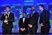 29 April 2017; Leinster's, from left, Dominic Ryan, Billy Dardis, Hayden Triggs, and Mike McCarthy at the Leinster Rugby Awards Ball. The Awards, MC’d by Darragh Maloney, were a celebration of the 2016/17 Leinster Rugby season to date and over the course of the evening Leinster Rugby acknowledged the contributions of retirees Mike Ross, Eóin Reddan and Luke Fitzgerald as well as presenting Leinster Rugby caps to departees Bill Dardis, Hayden Triggs, Mike McCarthy, Zane Kirchner and Dominic Ryan. Former Leinster Rugby team doctor Professor Arthur Tanner was posthumously inducted into the Guinness Hall of Fame. Some of the Award winners on the night included; Gonzaga College (Deep River Rock School of the Year), David Hicks, De La Salle Palmerston (Beauchamps Contribution to Leinster Rugby Award), Clontarf FC (CityJet Senior Club of the Year), Coláiste Chill Mhantáin (Irish Independent Development School of the Year Award), Athy RFC (Bank of Ireland Junior Club of the Year). Professional award winners on the night included Laya Healthcare Young Player of the Year - Joey Carbery, Life Style Sports Supporters Player of the Year - Isa Nacewa, Canterbury Tackle of the Year – Isa Nacewa, Irish Independnet Try of the Year – Adam Byrne and Bank of Ireland Players’ Player of the Year – Luke McGrath. Clayton Hotel, Burlington Road, Dublin 4. Photo by Stephen McCarthy/Sportsfile