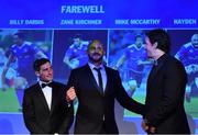 29 April 2017; Leinster's, from left, Billy Dardis, Hayden Triggs and Mike McCarthy at the Leinster Rugby Awards Ball. The Awards, MC’d by Darragh Maloney, were a celebration of the 2016/17 Leinster Rugby season to date and over the course of the evening Leinster Rugby acknowledged the contributions of retirees Mike Ross, Eóin Reddan and Luke Fitzgerald as well as presenting Leinster Rugby caps to departees Bill Dardis, Hayden Triggs, Mike McCarthy, Zane Kirchner and Dominic Ryan. Former Leinster Rugby team doctor Professor Arthur Tanner was posthumously inducted into the Guinness Hall of Fame. Some of the Award winners on the night included; Gonzaga College (Deep River Rock School of the Year), David Hicks, De La Salle Palmerston (Beauchamps Contribution to Leinster Rugby Award), Clontarf FC (CityJet Senior Club of the Year), Coláiste Chill Mhantáin (Irish Independent Development School of the Year Award), Athy RFC (Bank of Ireland Junior Club of the Year). Professional award winners on the night included Laya Healthcare Young Player of the Year - Joey Carbery, Life Style Sports Supporters Player of the Year - Isa Nacewa, Canterbury Tackle of the Year – Isa Nacewa, Irish Independnet Try of the Year – Adam Byrne and Bank of Ireland Players’ Player of the Year – Luke McGrath. Clayton Hotel, Burlington Road, Dublin 4. Photo by Stephen McCarthy/Sportsfile