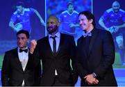 29 April 2017; Leinster's, from left, Billy Dardis, Hayden Triggs, and Mike McCarthy at the Leinster Rugby Awards Ball. The Awards, MC’d by Darragh Maloney, were a celebration of the 2016/17 Leinster Rugby season to date and over the course of the evening Leinster Rugby acknowledged the contributions of retirees Mike Ross, Eóin Reddan and Luke Fitzgerald as well as presenting Leinster Rugby caps to departees Bill Dardis, Hayden Triggs, Mike McCarthy, Zane Kirchner and Dominic Ryan. Former Leinster Rugby team doctor Professor Arthur Tanner was posthumously inducted into the Guinness Hall of Fame. Some of the Award winners on the night included; Gonzaga College (Deep River Rock School of the Year), David Hicks, De La Salle Palmerston (Beauchamps Contribution to Leinster Rugby Award), Clontarf FC (CityJet Senior Club of the Year), Coláiste Chill Mhantáin (Irish Independent Development School of the Year Award), Athy RFC (Bank of Ireland Junior Club of the Year). Professional award winners on the night included Laya Healthcare Young Player of the Year - Joey Carbery, Life Style Sports Supporters Player of the Year - Isa Nacewa, Canterbury Tackle of the Year – Isa Nacewa, Irish Independnet Try of the Year – Adam Byrne and Bank of Ireland Players’ Player of the Year – Luke McGrath. Clayton Hotel, Burlington Road, Dublin 4. Photo by Stephen McCarthy/Sportsfile