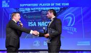 29 April 2017; Isa Nacewa, Winner of the Lifestyle Sports Supporters Player of the Year Award, with MC Darragh Maloney at the Leinster Rugby Awards Ball. The Awards, MC’d by Darragh Maloney, were a celebration of the 2016/17 Leinster Rugby season to date and over the course of the evening Leinster Rugby acknowledged the contributions of retirees Mike Ross, Eóin Reddan and Luke Fitzgerald as well as presenting Leinster Rugby caps to departees Bill Dardis, Hayden Triggs, Mike McCarthy, Zane Kirchner and Dominic Ryan. Former Leinster Rugby team doctor Professor Arthur Tanner was posthumously inducted into the Guinness Hall of Fame. Some of the Award winners on the night included; Gonzaga College (Deep River Rock School of the Year), David Hicks, De La Salle Palmerston (Beauchamps Contribution to Leinster Rugby Award), Clontarf FC (CityJet Senior Club of the Year), Coláiste Chill Mhantáin (Irish Independent Development School of the Year Award), Athy RFC (Bank of Ireland Junior Club of the Year). Professional award winners on the night included Laya Healthcare Young Player of the Year - Joey Carbery, Life Style Sports Supporters Player of the Year - Isa Nacewa, Canterbury Tackle of the Year – Isa Nacewa, Irish Independnet Try of the Year – Adam Byrne and Bank of Ireland Players’ Player of the Year – Luke McGrath. Clayton Hotel, Burlington Road, Dublin 4. Photo by Stephen McCarthy/Sportsfile