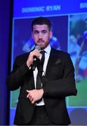 29 April 2017; Leinster's Dominic Ryan speaking at the Leinster Rugby Awards Ball. The Awards, MC’d by Darragh Maloney, were a celebration of the 2016/17 Leinster Rugby season to date and over the course of the evening Leinster Rugby acknowledged the contributions of retirees Mike Ross, Eóin Reddan and Luke Fitzgerald as well as presenting Leinster Rugby caps to departees Bill Dardis, Hayden Triggs, Mike McCarthy, Zane Kirchner and Dominic Ryan. Former Leinster Rugby team doctor Professor Arthur Tanner was posthumously inducted into the Guinness Hall of Fame. Some of the Award winners on the night included; Gonzaga College (Deep River Rock School of the Year), David Hicks, De La Salle Palmerston (Beauchamps Contribution to Leinster Rugby Award), Clontarf FC (CityJet Senior Club of the Year), Coláiste Chill Mhantáin (Irish Independent Development School of the Year Award), Athy RFC (Bank of Ireland Junior Club of the Year). Professional award winners on the night included Laya Healthcare Young Player of the Year - Joey Carbery, Life Style Sports Supporters Player of the Year - Isa Nacewa, Canterbury Tackle of the Year – Isa Nacewa, Irish Independnet Try of the Year – Adam Byrne and Bank of Ireland Players’ Player of the Year – Luke McGrath. Clayton Hotel, Burlington Road, Dublin 4. Photo by Stephen McCarthy/Sportsfile
