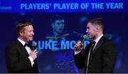29 April 2017; Luke McGrath, Bank of Ireland Player’s Player of the Year Award winner, with MC Darragh Maloney, left, at the Leinster Rugby Awards Ball. The Awards, MC’d by Darragh Maloney, were a celebration of the 2016/17 Leinster Rugby season to date and over the course of the evening Leinster Rugby acknowledged the contributions of retirees Mike Ross, Eóin Reddan and Luke Fitzgerald as well as presenting Leinster Rugby caps to departees Bill Dardis, Hayden Triggs, Mike McCarthy, Zane Kirchner and Dominic Ryan. Former Leinster Rugby team doctor Professor Arthur Tanner was posthumously inducted into the Guinness Hall of Fame. Some of the Award winners on the night included; Gonzaga College (Deep River Rock School of the Year), David Hicks, De La Salle Palmerston (Beauchamps Contribution to Leinster Rugby Award), Clontarf FC (CityJet Senior Club of the Year), Coláiste Chill Mhantáin (Irish Independent Development School of the Year Award), Athy RFC (Bank of Ireland Junior Club of the Year). Professional award winners on the night included Laya Healthcare Young Player of the Year - Joey Carbery, Life Style Sports Supporters Player of the Year - Isa Nacewa, Canterbury Tackle of the Year – Isa Nacewa, Irish Independnet Try of the Year – Adam Byrne and Bank of Ireland Players’ Player of the Year – Luke McGrath. Clayton Hotel, Burlington Road, Dublin 4. Photo by Stephen McCarthy/Sportsfile