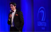 29 April 2017; Joey Carbery, Laya Healthcare Young Player of the Year Award winner, speaking at the Leinster Rugby Awards Ball. The Awards, MC’d by Darragh Maloney, were a celebration of the 2016/17 Leinster Rugby season to date and over the course of the evening Leinster Rugby acknowledged the contributions of retirees Mike Ross, Eóin Reddan and Luke Fitzgerald as well as presenting Leinster Rugby caps to departees Bill Dardis, Hayden Triggs, Mike McCarthy, Zane Kirchner and Dominic Ryan. Former Leinster Rugby team doctor Professor Arthur Tanner was posthumously inducted into the Guinness Hall of Fame. Some of the Award winners on the night included; Gonzaga College (Deep River Rock School of the Year), David Hicks, De La Salle Palmerston (Beauchamps Contribution to Leinster Rugby Award), Clontarf FC (CityJet Senior Club of the Year), Coláiste Chill Mhantáin (Irish Independent Development School of the Year Award), Athy RFC (Bank of Ireland Junior Club of the Year). Professional award winners on the night included Laya Healthcare Young Player of the Year - Joey Carbery, Life Style Sports Supporters Player of the Year - Isa Nacewa, Canterbury Tackle of the Year – Isa Nacewa, Irish Independnet Try of the Year – Adam Byrne and Bank of Ireland Players’ Player of the Year – Luke McGrath. Clayton Hotel, Burlington Road, Dublin 4. Photo by Stephen McCarthy/Sportsfile
