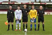 29 April 2017; Referee Andrew Keogh with Lee Kavanagh of Tramore AFC and Shane Lowney of Carrigaline United AFC before the FAI Umbro U17 Challenge cup final match between Carrigaline United AFC and Tramore AFC at Turners Cross in Cork. Photo by Matt Browne/Sportsfile