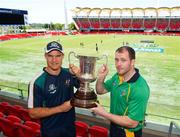 3 November 2011; Brad Green, the Australian captain, and the Ireland vice-captain Ciaran McKeever, right, with the Cormac McAnallen Cup after a press conference in advance of the International Rules Series 2011 2nd Test, Metricon Stadium, Gold Coast, Australia. Picture credit: Ray McManus / SPORTSFILE