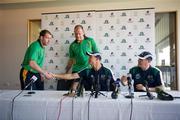 3 November 2011; Ireland's Ciaran McKeever, Anthony Tohill renew acquaintances' with Australia's Brad Green and Rodney Eade before a press conference in advance of the International Rules Series 2011 2nd Test, Metricon Stadium, Gold Coast, Australia. Picture credit: Ray McManus / SPORTSFILE