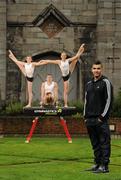 3 November 2011; At the re-launch of Gymnastics Ireland, a dynamic new brand identity for the sport in Ireland, is Olympic and World medalist gymnast, Louis Smith, right, with Irish gymnasts, from left, leading female gymnast Emma Lunn, Irish Men's star Luke Carson, and Irish Rhythmic athlete Aisling McGovern. Smith, a London 2012 gold medal hopeful, was in Ireland to help promote the sport and Gymnastics Ireland's brand transformation that included the launch of a new website, www.gymnasticsireland.com, Facebook Page, Gymnastics Ireland and Twitter account @gymnasticsire. Dublin Castle, Dublin. Picture credit: Stephen McCarthy / SPORTSFILE