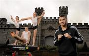 3 November 2011; At the re-launch of Gymnastics Ireland, a dynamic new brand identity for the sport in Ireland, is Olympic and World medalist gymnast, Louis Smith, right, with Irish gymnasts, from left, leading female gymnast Emma Lunn, Irish Men's star Luke Carson, and Irish Rhythmic athlete Aisling McGovern. Smith, a London 2012 gold medal hopeful, was in Ireland to help promote the sport and Gymnastics Ireland's brand transformation that included the launch of a new website, www.gymnasticsireland.com, Facebook Page, Gymnastics Ireland, and Twitter account @gymnasticsire. Dublin Castle, Dublin. Picture credit: Stephen McCarthy / SPORTSFILE