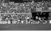12 June 1988; Ray Houghton, right, of Republic of Ireland celebrates his goal with team-mates Ronnie Whelan, left, as John Aldridge and Paul McGrath run to join the celebrations, while England players, from left, Neil Webb, goalkeeper Peter Shilton, Tony Adams, captain Bryan Robson, John Barnes and Kenny Samson claim for an offside during the UEFA European Football Championship Finals Group B match between England and Republic of Ireland at Neckarstadion in Stuttgart, Germany. Photo by Ray McManus/Sportsfile