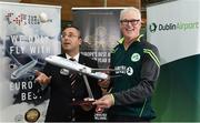 3 May 2017; Turkish Airlines and Dublin Airport Authority wish the Cricket Ireland team good luck prior to the squad's departure for the One Day Internationals at Bristol and Lord's. Pictured are Hasan Mutlu, General Manager of Turkish Airlines Dublin, with Ireland head coach John Bracewell at Dublin Airport in Dublin. Photo by David Maher/Sportsfile