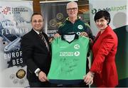3 May 2017; Turkish Airlines and Dublin Airport Authority wish the Cricket Ireland team good luck prior to the squad's departure for the One Day Internationals at Bristol and Lord's. Pictured are Hasan Mutlu, General Manager of Turkish Airlines Dublin, Ireland head coach John Bracewell and and Edel Redmond, Senior B2B Marketing Executive, at Dublin Airport in Dublin. Photo by David Maher/Sportsfile
