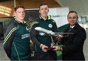 3 May 2017; Turkish Airlines and Dublin Airport Authority wish the Cricket Ireland team good luck prior to the squad's departure for the One Day Internationals at Bristol and Lord's. Pictured are Hasan Mutlu, General Manager of Turkish Airlines Dublin, with Ireland players Craig Young, left, and Peter Chase at Dublin Airport in Dublin. Photo by David Maher/Sportsfile