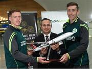 3 May 2017; Turkish Airlines and Dublin Airport Authority wish the Cricket Ireland team good luck prior to the squad's departure for the One Day Internationals at Bristol and Lord's. Pictured are Hasan Mutlu, General Manager of Turkish Airlines Dublin, with Ireland players Kevin O'Brien, left, and George Dockrellat Dublin Airport in Dublin. Photo by David Maher/Sportsfile