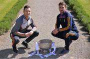3 May 2017; Carlow footballer Daragh Foley, left, and Wexford footballer Daithi Waters pictured with the Delaney Cup at the Leinster GAA Senior Hurling and Football Championships 2017 Launch in Pearse Museum, Dublin. Photo by Sam Barnes/Sportsfile