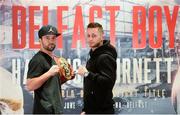 3 May 2017; IBF World Bantamweight champion Lee Haskins and Ryan Burnett during the Matchroom Boxing Press Conference ahead of their title fight at the SSE Arena in Belfast on June 10, in the Europa Hotel in Belfast, Antrim. Photo by Oliver McVeigh/Sportsfile