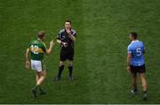 9 April 2017; Referee Paddy Neilan calls Donnchadh Walsh of Kerry and James McCarthy of Dublin before issuing a Yellow Card to both during the Allianz Football League Division 1 Final match between Dublin and Kerry at Croke Park, in Dublin. Photo by Ray McManus/Sportsfile