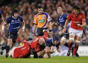 4 November 2011; Sean O'Brien, Leinster, is tackled by Paul O'Connell and Wian du Preez, 1, Munster. Celtic League, Leinster v Munster, Aviva Stadium, Lansdowne Road, Dublin. Picture credit: Stephen McCarthy / SPORTSFILE