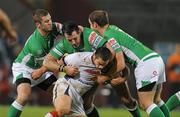 5 November 2011; Cyril Stacul, France, is tackled by James Haley, left, Ged Corcoran, cenre, and Liam Finn, right, Ireland. Rugby League International, Ireland v France, Thomond Park, Limerick. Picture credit: Diarmuid Greene / SPORTSFILE