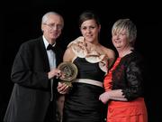 5 November 2011; Westmeath's Pamela Greville is presented with her 2011 Camogie Soaring Star award by John Treacy, CEO of the Irish Sports Council and Joan O' Flynn, President of the Camogie Association, at the 2011 Camogie All-Stars in association with O’Neills. Citywest Hotel, Saggart, Co. Dublin. Picture credit: Stephen McCarthy / SPORTSFILE