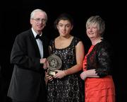 5 November 2011; Down's Niamh Mallon is presented with her 2011 Camogie Soaring Star award by John Treacy, CEO of the Irish Sports Council and Joan O' Flynn, President of the Camogie Association, at the 2011 Camogie All-Stars in association with O’Neills. Citywest Hotel, Saggart, Co. Dublin. Picture credit: Stephen McCarthy / SPORTSFILE