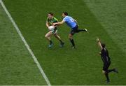 9 April 2017; Referee Paddy Neilan indicates that he was playing 'advantage' as Mark Griffin of Kerry is tackled by Dublin's Bernard Brogan during the Allianz Football League Division 1 Final match between Dublin and Kerry at Croke Park, in Dublin. Photo by Ray McManus/Sportsfile
