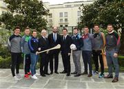 4 May 2017; Minister of State for Tourism and Sport, Patrick O'Donovan, T.D. with John Treacy, Chief Executive Officer, Irish Sports Council, Dermot Earley, Chief Executive Officer, Gaelic Players Association, and inter county stars,  from left, Conor McDonald, Wexford, Séamus O’Carroll, Limerick, Noel Connors, Waterford, Jack McCaffrey, Dublin, John Heslin, Westmeath, Michael Fennelly, Kilkenny, Tom Parsons, Mayo, in attendance at the Launch of Government Grant payment to inter county players at The Merrion Hotel in Dublin. Photo by Ray McManus/Sportsfile