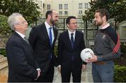 4 May 2017; Minister of State for Tourism and Sport, Patrick O'Donovan, T.D. with John Treacy, left, Chief Executive Officer, Irish Sports Council, Dermot Earley, Chief Executive Officer, Gaelic Players Association, and inter county star Tom Parsons, Mayo, in attendance at the Launch of Government Grant payment to inter county players at The Merrion Hotel in Dublin. Photo by Ray McManus/Sportsfile