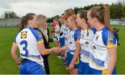 30 April 2017; Marie Hickey, President of the LGFA and Sorcha Keane, Lidl, meet the Longford Wicklow players before the Lidl Ladies Football National League Div 4 Final match between Longford and Wicklow at the Clane Grounds in Kildare.  Photo by Piaras Ó Mídheach/Sportsfile