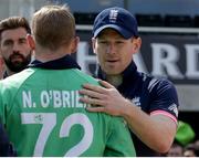 5 May 2017; Eóin Morgan the England captain commiserates with Niall O’Brien of Ireland after the One Day International between England and Ireland at The Brightside Ground in Bristol, England. Photo by Matt Impey/Sportsfile