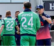 5 May 2017; England captain Eóin Morgan commiserates Ed Joyce of Ireland after the One Day International between England and Ireland at The Brightside Ground in Bristol, England. Photo by Matt Impey/Sportsfile
