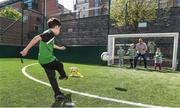 5 May 2017; Seven year old Rhys Creane from Sheriff FC takes a penalty against Aviva’s FAI Junior Cup Ambassador, Richard Dunne, and some of the kids from the club during a visit to Sheriff Street in Dublin today, visiting FAI Junior Cup Finalists Sheriff YC ahead of the Final in the Aviva Stadium on 13th May against Kilkenny’s Evergreen FC. The former Republic of Ireland International visited the home of Sheriff YC today and will be travelling to Kilkenny tomorrow to visit Evergreen FC as part of Aviva’s Community Days ahead of the Final. Photo by Matt Browne/Sportsfile