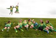 6 May 2017; Lucy Ryan, top left, age 12, and team-mate Ava Dolan, age 13, members of the Mucklagh Girls Football Club, from Tullamore, Co Offaly, celebrate winning a morning match in the U15 tournament at the Aldi Community Games May Festival 2017 at National Sports Campus, in Abbotstown, Dublin.  Photo by Cody Glenn/Sportsfile