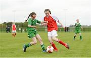 6 May 2017; Alice Chambers, left, of Burrishoole Girls' Football Club, Newport, Co. Mayo, in action against Grace McIlvoy, from Clonbroney Girls' Football Club, Co. Longford, at the Aldi Community Games May Festival 2017 at National Sports Campus, in Abbotstown, Dublin. Photo by Cody Glenn/Sportsfile