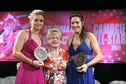5 November 2011; Terry Tormey with Meath's Jane Dolan, left, and Áine Keogh and their 2011 Camogie Soaring Stars awards at the 2011 Camogie All-Stars in association with O’Neills. Citywest Hotel, Saggart, Co. Dublin. Picture credit: Stephen McCarthy / SPORTSFILE