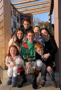 6 November 2011; Jockey Johnny Murtagh celebrates his 2011 Champion Flat Jockey Trophy with family, from left, Grace, Caroline, Charles, Lauren, Tom and wife Orla. Leopardstown - 2011 Flat Season Finale Day, Leopardstown Racecourse, Dublin. Picture credit: Stephen McCarthy / SPORTSFILE
