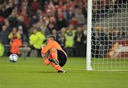 6 November 2011; Sligo Rovers goalkeeper Ciaran Kelly  saves the second of his two penaly saves from Colm James, Shelbourne. FAI Ford Cup Final, Shelbourne v Sligo Rovers, Aviva Stadium, Lansdowne Road, Dublin. Picture credit: David Maher / SPORTSFILE