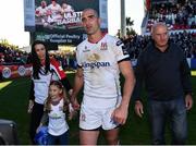 6 May 2017; Ulster's Ruan Pienaar with daughter Lemay, wife Monique and father Gysie following the Guinness PRO12 Round 22 match between Ulster and Leinster at the Kingspan Stadium in Belfast. Photo by Ramsey Cardy/Sportsfile