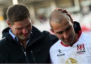 6 May 2017; Ulster's Ruan Pienaar and former Ulster captain Johann Muller following the Guinness PRO12 Round 22 match between Ulster and Leinster at Kingspan Stadium in Belfast. Photo by Ramsey Cardy/Sportsfile