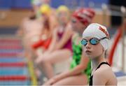6 May 2017; Saffron Geraghty, from Knockmore, Co Mayo, sits on the starting blocks awaiting the Girls U10 25m backstroke event at the Aldi Community Games May Festival 2017 at National Sports Campus, in Abbotstown, Dublin.  Photo by Cody Glenn/Sportsfile
