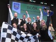 6 May 2017: The winning St Enda's team from  Omagh, Co Tyrone, of  David Tierney, Damien Friel, Paul Breen, Ciarán Breen, Leanne McCullagh, Michelle Mullin, Courtney McAskie and Grainne Fox after being presented with the trophy for winning the 'Rince seist in the All-Ireland Scór Sinsear Finals at The Waterfront Theatre, Belfast. Photo by Ray McManus/Sportsfile