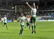11 November 2011; Republic of Ireland's Robbie Keane, 10, celebrates with team-mates Stephen Ward, left, and Aiden McGeady, right, and Keith Andrews after scoring his side's fourth goal on 88 minutes. UEFA EURO2012 Qualifying Play-off, 1st leg, Estonia v Republic of Ireland, Le Coq Arena, Tallinn, Estonia. Picture credit: David Maher / SPORTSFILE