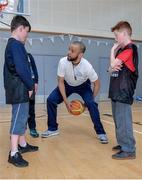 9 May 2017; Swords Thunder basketballer Isaac Westbrooks was in Bluebell Community Centre today at the AIG Heroes event along with pupils from Our Lady of the Wayside School in Bluebell, Dublin. The AIG Heroes initiative is part of the insurance company’s community engagement programme and is designed to give support to local communities by leveraging their sporting sponsorships to provide positive role models and build confidence for young people. More information at www.aig.ie. More information at www.aig.ie. Bluebell Community College, Bluebell, Dublin. Photo by Sam Barnes/Sportsfile