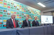 10 May 2017; Head coaches, from left, Warren Gatland of Wales, Joe Schmidt of Ireland and Conor O'Shea of Italy speak to the media during the Rugby World Cup 2019 Pool Draw at the Kyoto State Guest House on May 10, 2017 in Kyoto, Japan. Photo by Dave Rogers - World Rugby/World Rugby via Sportsfile