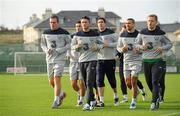 12 November 2011; Republic of Ireland captain Robbie Keane leads his team-mates, from left, Richard Dunne, Stephen Kelly, Stephen Ward, Jonathan Walters and Damien Duff during squad training ahead of their UEFA EURO2012 Qualifying Play-off 2nd leg match against Estonia on Tuesday. Republic of Ireland Squad Training, Gannon Park, Malahide, Dublin. Picture credit: Brendan Moran / SPORTSFILE