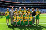 28 August 2011; President of the INTO Noreen Flynn with the Donegal team, back row, left to right, Amy N’ Chuinn, St. Fiachra S.N.S., Beaumont, Co. Dublin, Chantelle Lynam, St. Brigid's N.S., Ballynacargy, Co. Westmeath, Katie Bellew, Scoil Naomh Eoin, Navan, Co. Meath, Kate Keenan, St. Mary's N.S., Knockbridge, Co. Louth, Dara Morahan, St. Patrick's N.S., Drumshanbo, Co. Leitrim, front row, left to right, Leah Grimes, St. Joseph's N.S., Dundalk, Co. Louth, Chloe Duffy, Tang N.S., Ballymahon, Co. Longford, Caitl’n Kelly, St. Mary's P.S., Killyclogher, Co. Tyrone, Cara Doherty, St. Colmcille's P.S., Claudy, Co. Derry, Eadaoin Nig Uidhir, Gaelscoil Ultain, Co. Monaghan. Go Games Exhibition - Sunday 21st August 2011, Croke Park, Dublin. Picture credit: Dáire Brennan / SPORTSFILE